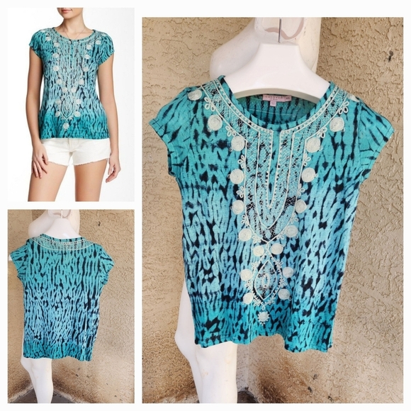 Calypso St. Barth Mele‎ Linen Blue Tie Dye Embroidered Top - Picture 1 of 2